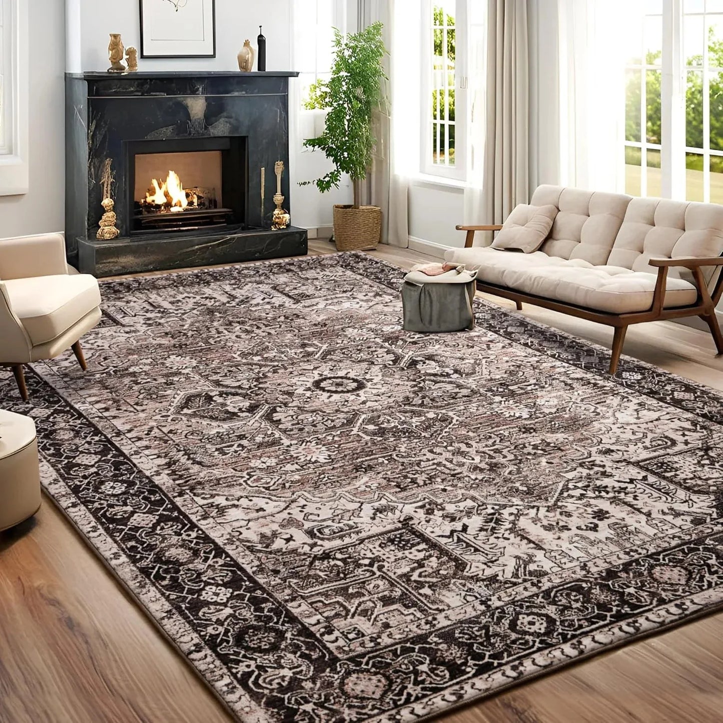 Faux Cashmere Vintage Printed Rug Area Rugs, Low Pile Rugs for Living Room Bedroom