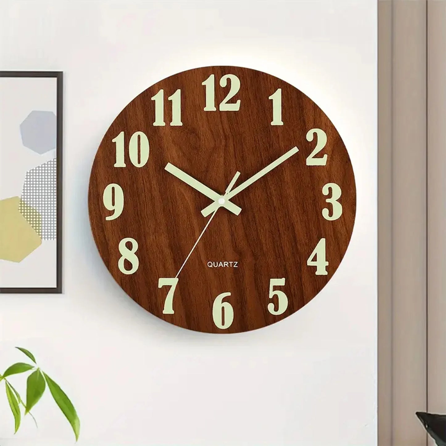 12 Inch Wooden Simple Luminous Wall Clock Silent Non Ticking Analog