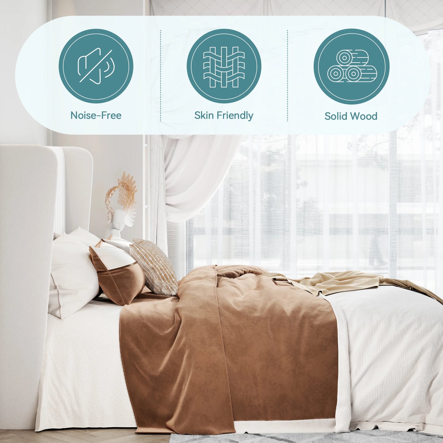 Velvet Upholstered Bed Frame, Vertical Channel Tufted Wingback Headboard, Wooden Slats