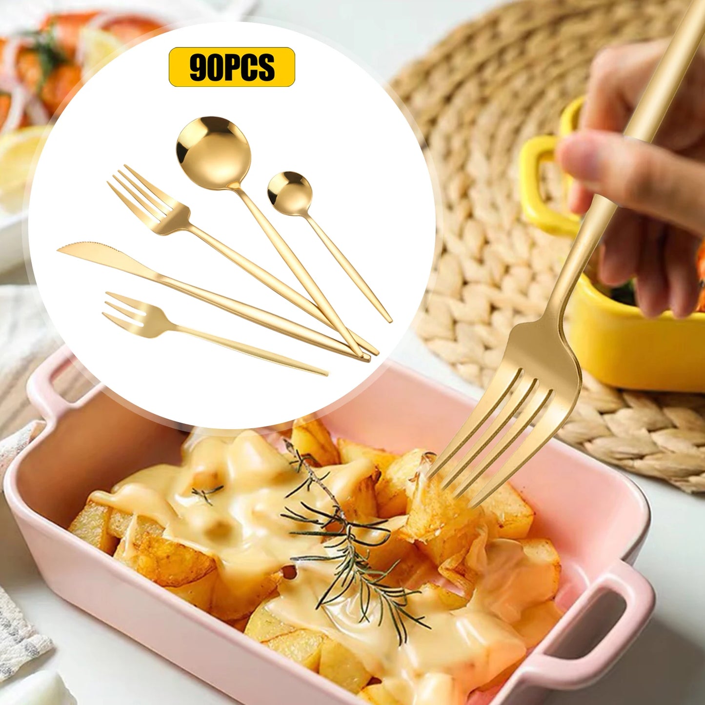 90Pcs Gold Stainless Steel Silverware - Heavy Duty Cutlery, 420 Stainless Steel Tableware Set for Wedding, Buffets, Restaurants