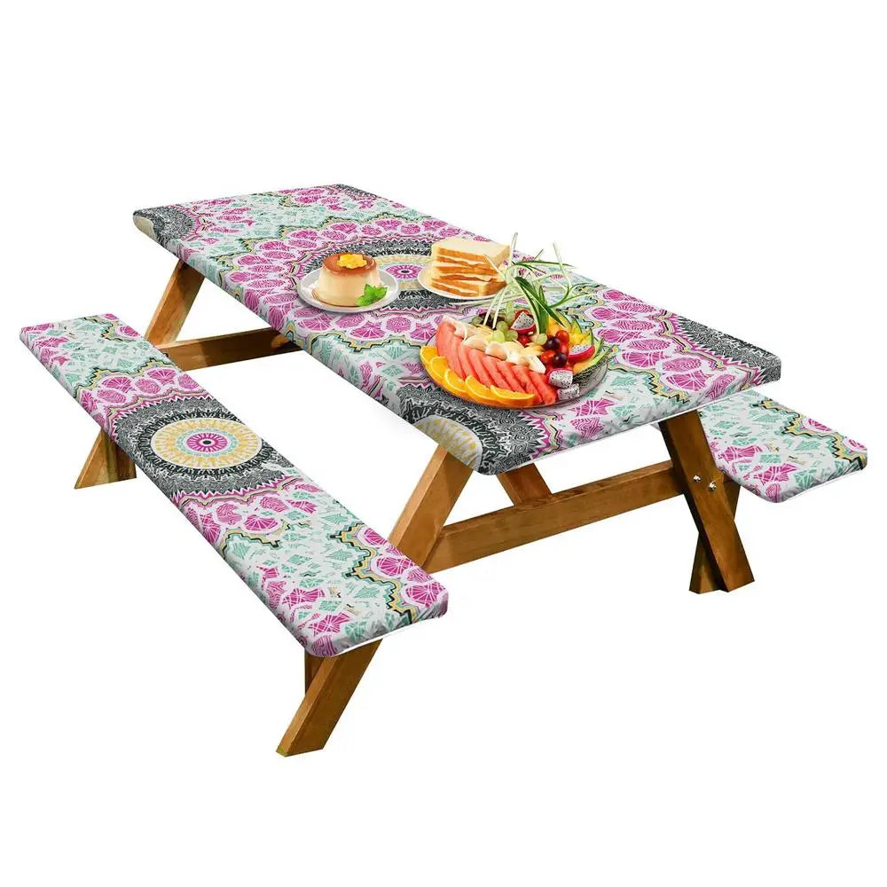 3pcs Picnic Table Covers With Elastic Tablecloth For Outdoor Parties And Camping
