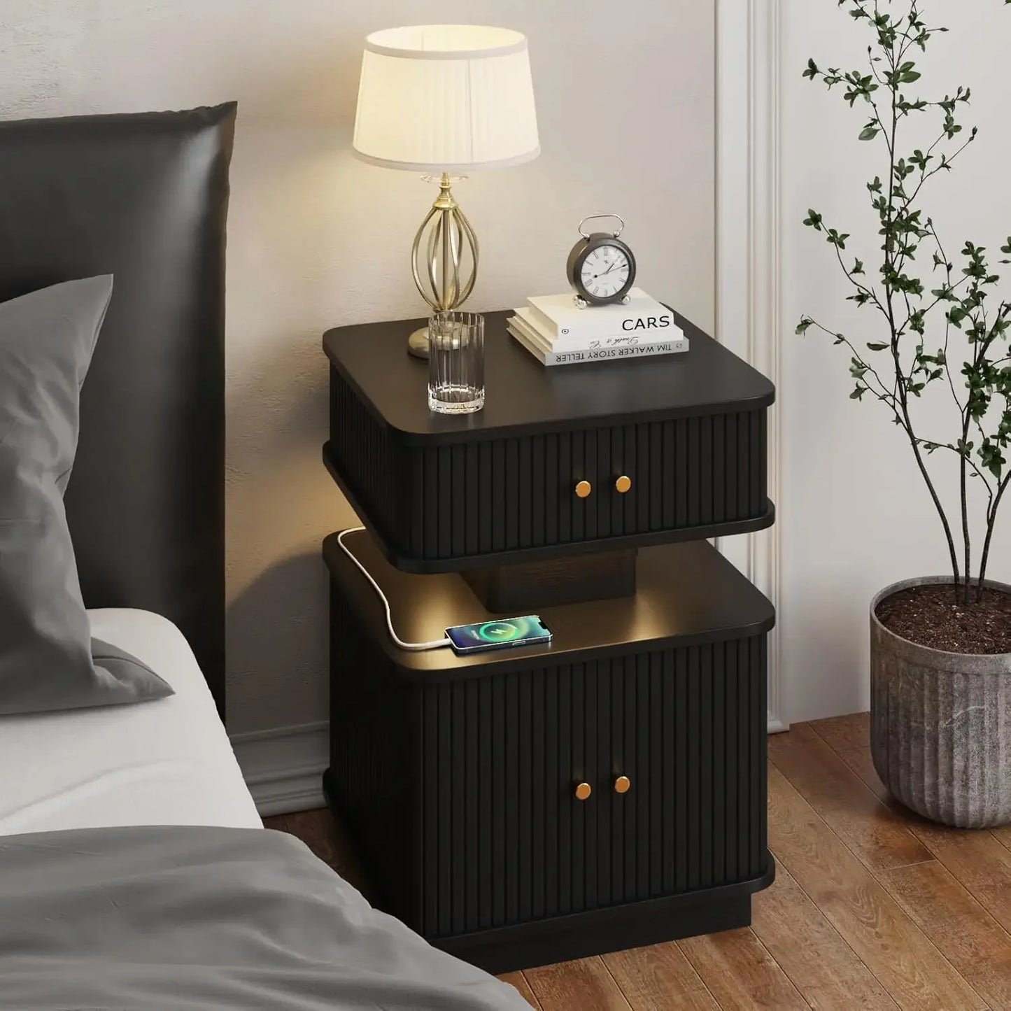 Bedroom LED Nightstand, with Charging Station, 2 Drawer