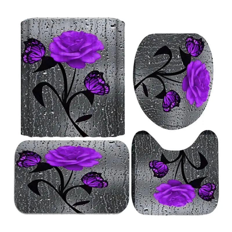 4pcs Set Doormat Shower Curtain with Non-Slip Rugs Toilet Seat Cover Bath Carpet Durable Waterproof