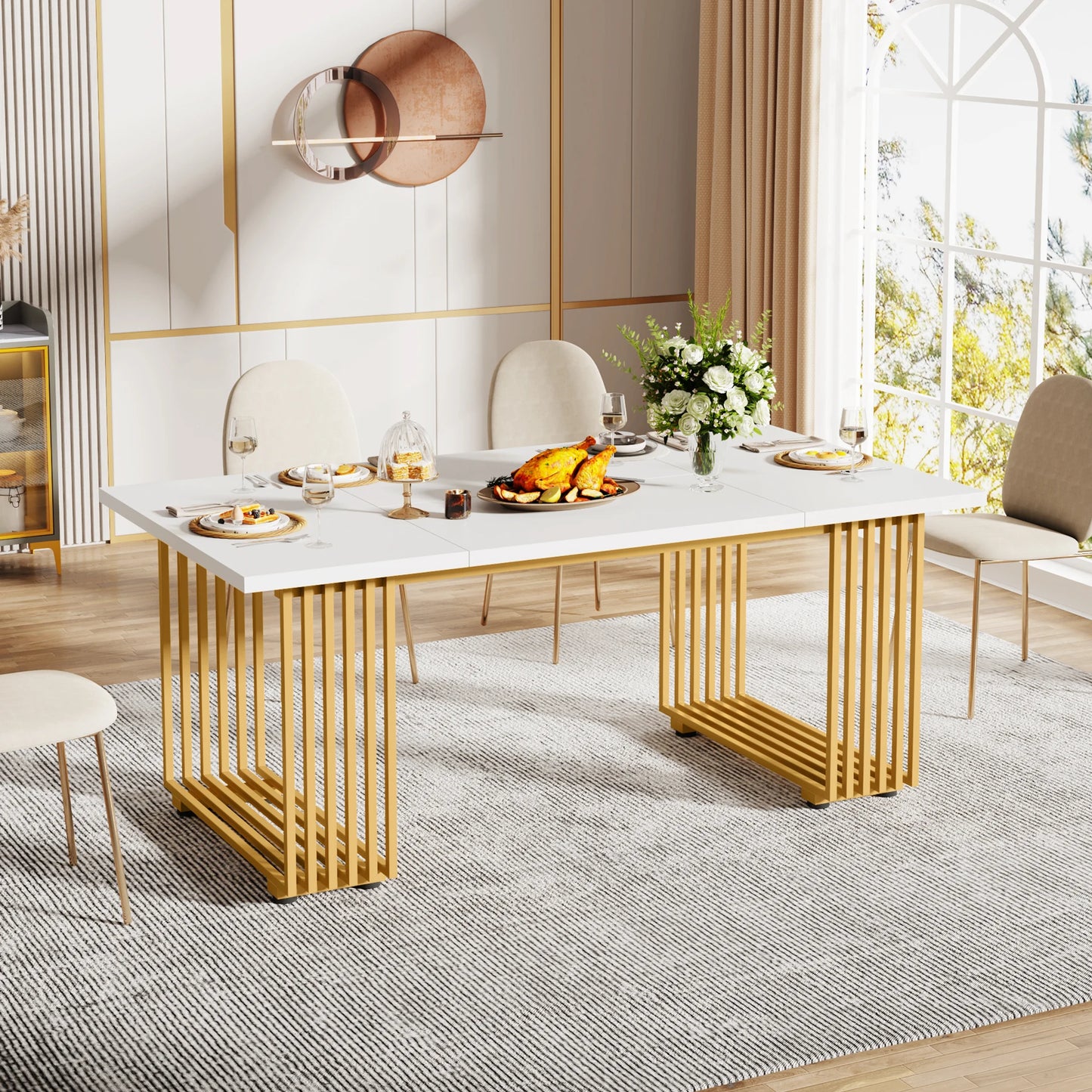 63-Inch Rectangular Dining Table for 4 to 6, Modern Kitchen Table with Faux Marble Table Top