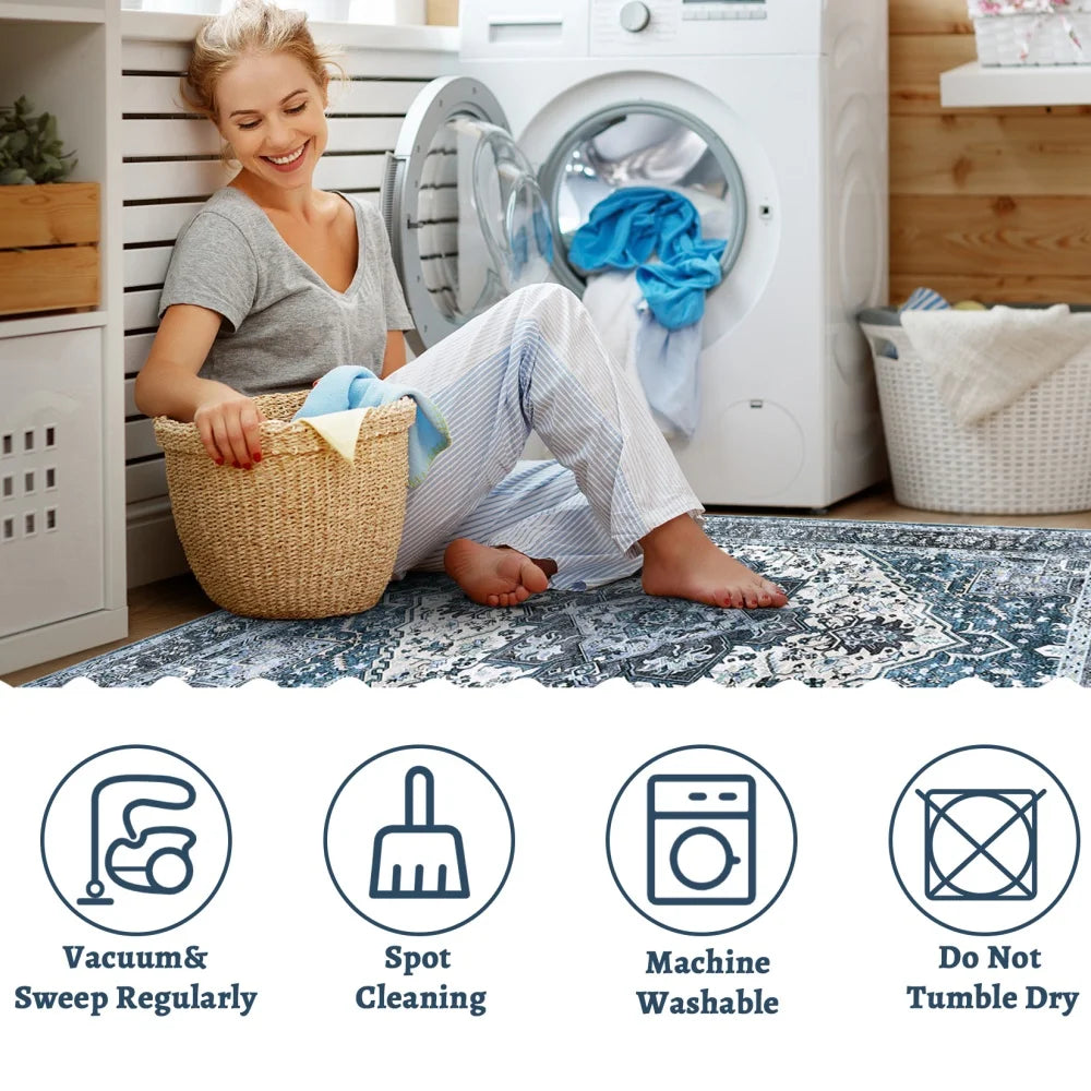 Washable Area Rugs 8x10 Living Room Rug Vintage Medallion  Soft Floor Cover Low Pile Non-Slip