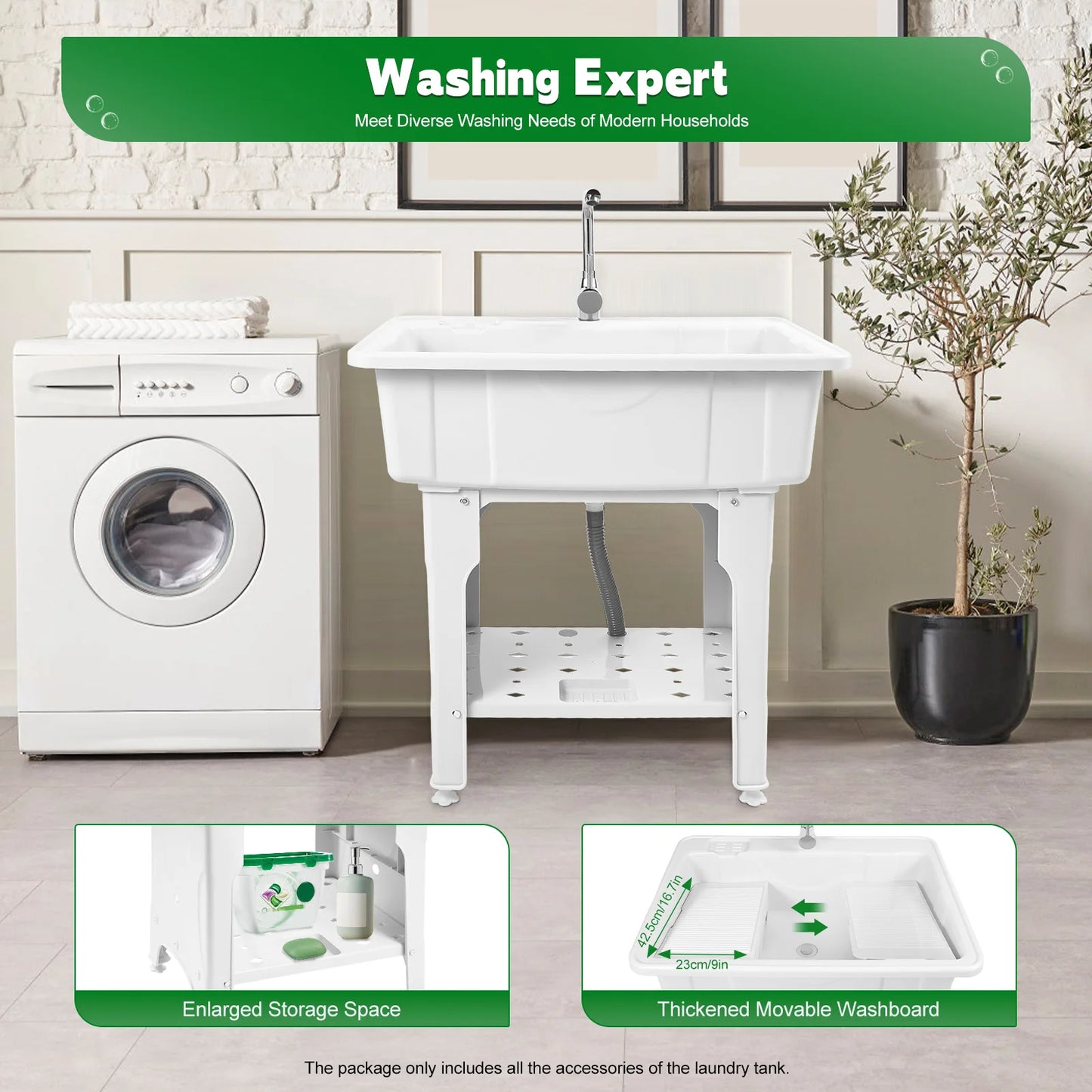 Freestanding Plastic Laundry Sink with Washboard Indoor Outdoor Utility Sink with Cold and Hot Water Faucet Hoses and Drain Kit