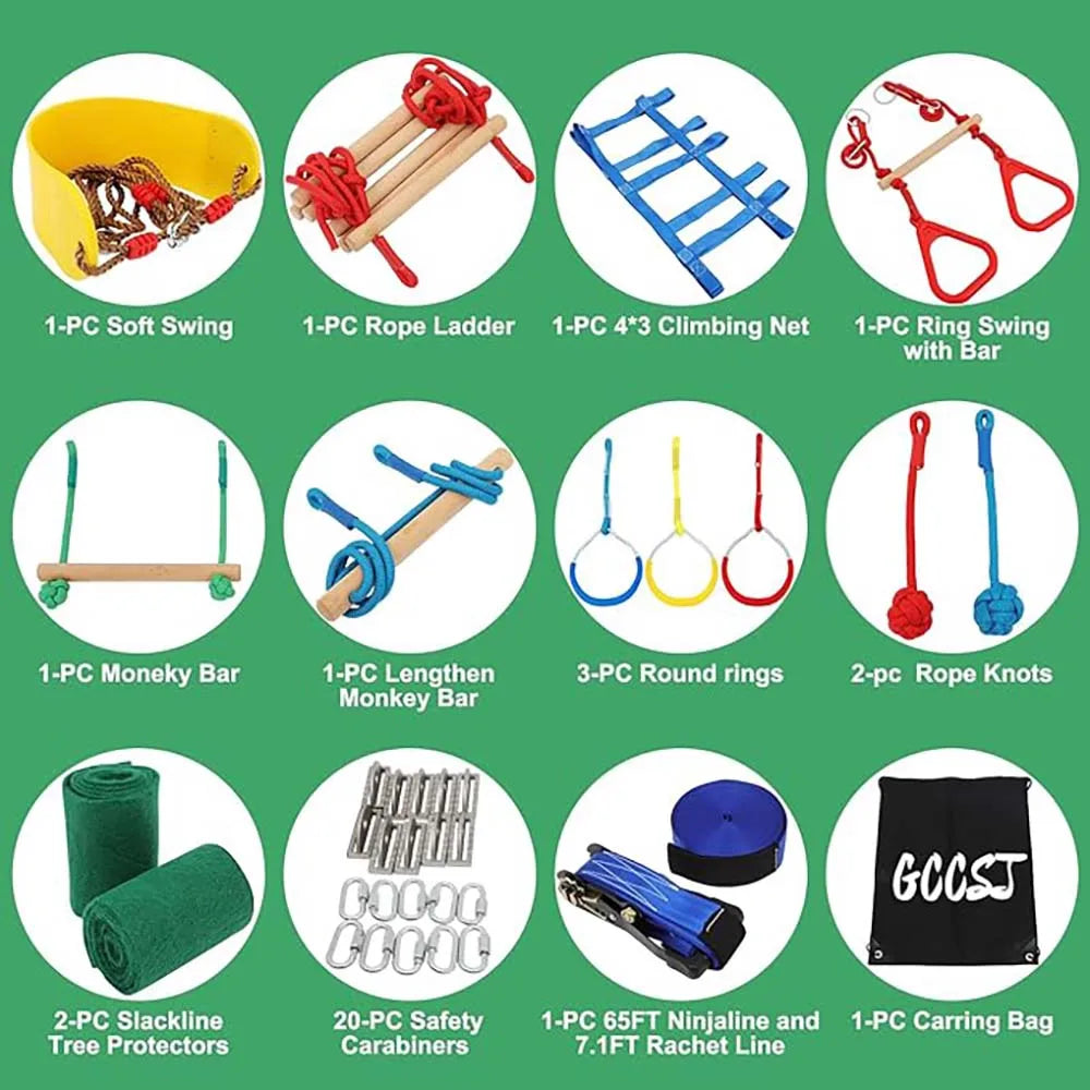 Warrior Obstacle Course For Kids And Adults - 65FT Slackline With Tree Climbing Rock Holds, Swing Seat, Monkey Bars, Ring Wheel,