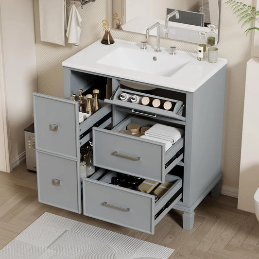 30 inch Bathroom Vanity with Sink, Freestanding Bathroom Vanity Cabinet with Double-Layer Pull Out Drawer