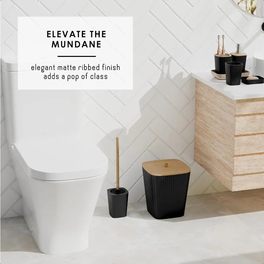 20PC Bathroom Accessory Set Black Shower Curtain Set Toilet Brush Trash Can Soap Dispenser