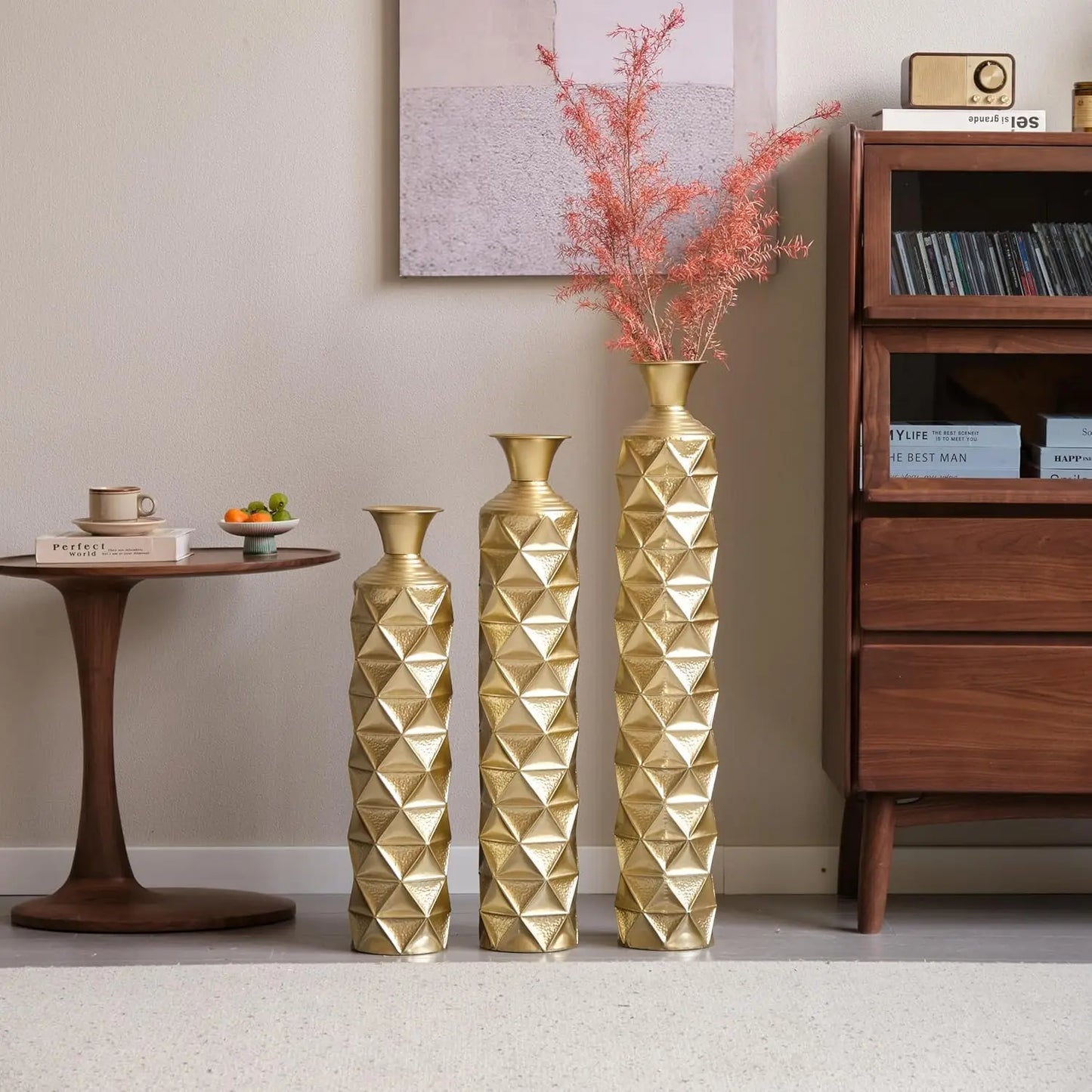 Tall Gold Metal Vase Set of 3