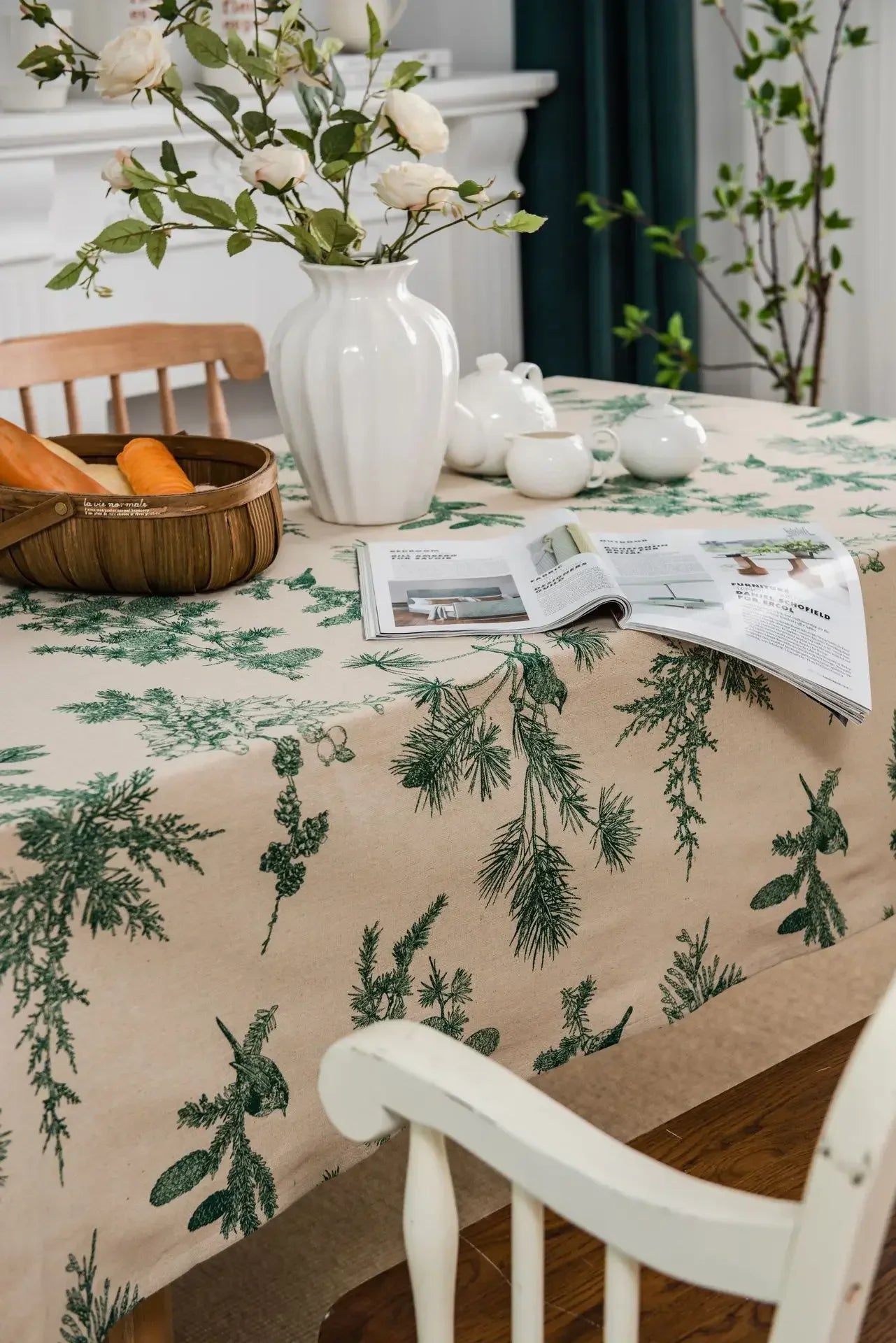 Cotton Linen Printed Pine Rectangular Fitted Tablecloth