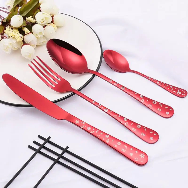 4pcs/set High Quality Christmas Flatware Set Stainless Steel Red Green Dinnerware Knife Fork Spoon Cutlery Dishwasher Safe