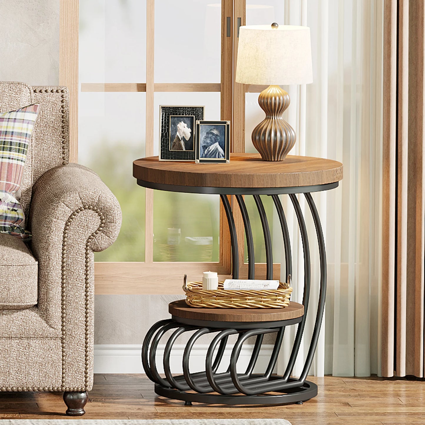 Gold Round End Table: 2 Tiers Faux Marble Side Table with Storage Shelf, Modern White Gold Bedside Nightstand