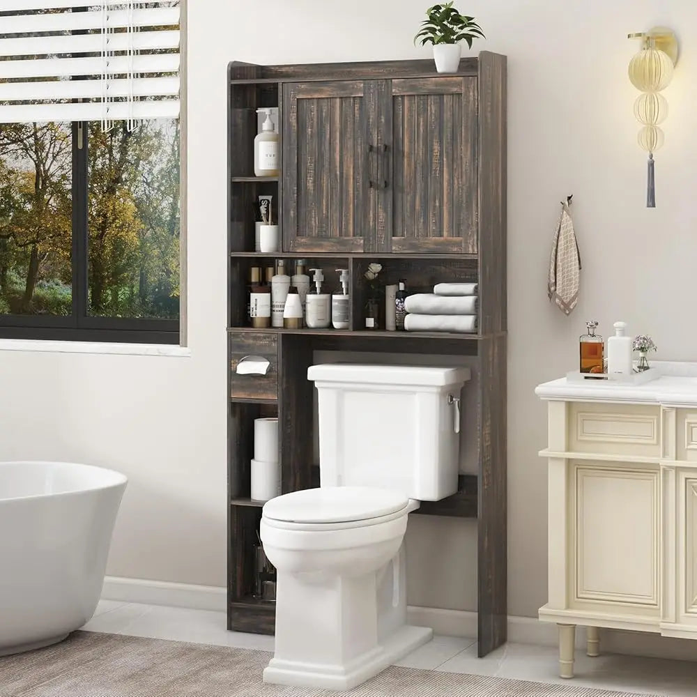 Bathroom Organizer Storage Wood Over The Toilet Storage Cabinet with Barn Doors &Toilet Paper Stand 67'' Tall Toilet Rack