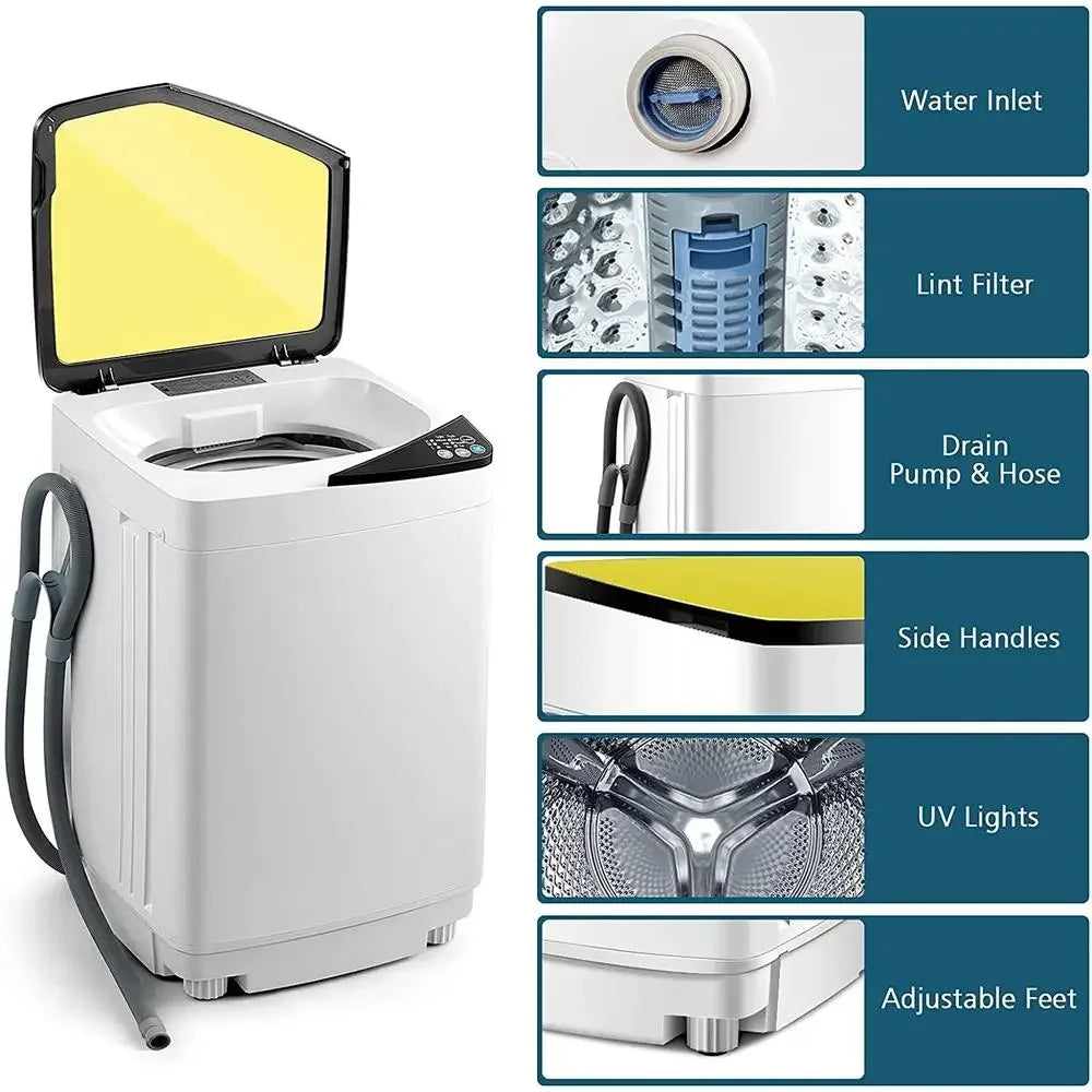 Full Automatic Portable Washing Machine Compact Laundry Washer Spin Dryer with Barrel Light Drain Pump Ideal Apartments