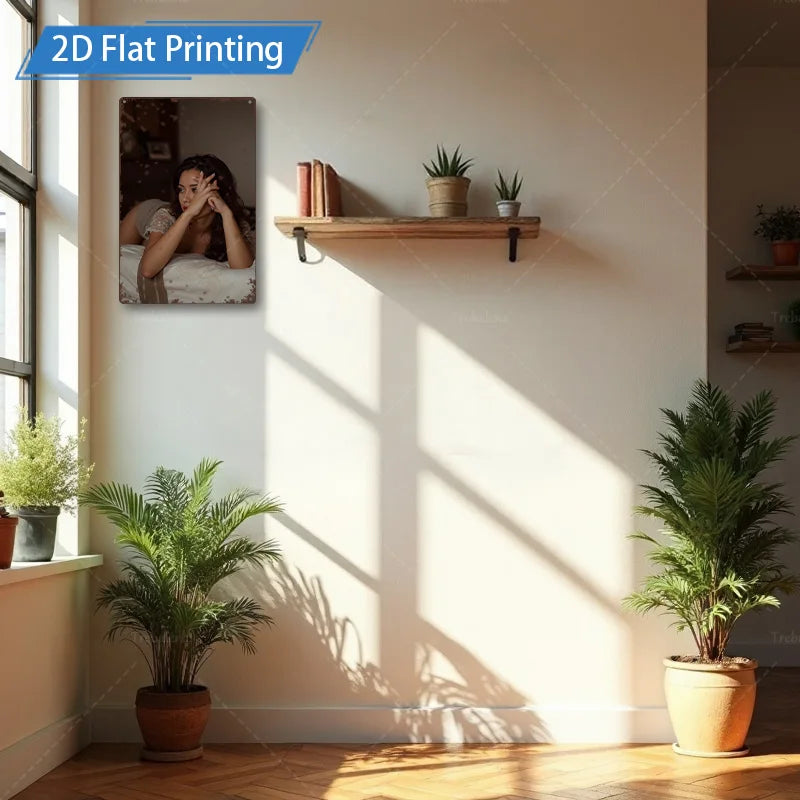 1pc Metal Sign, 4x16inch Rustic Style Woman in Bed 2D Flat Printing Wall Art for Living Room Decor