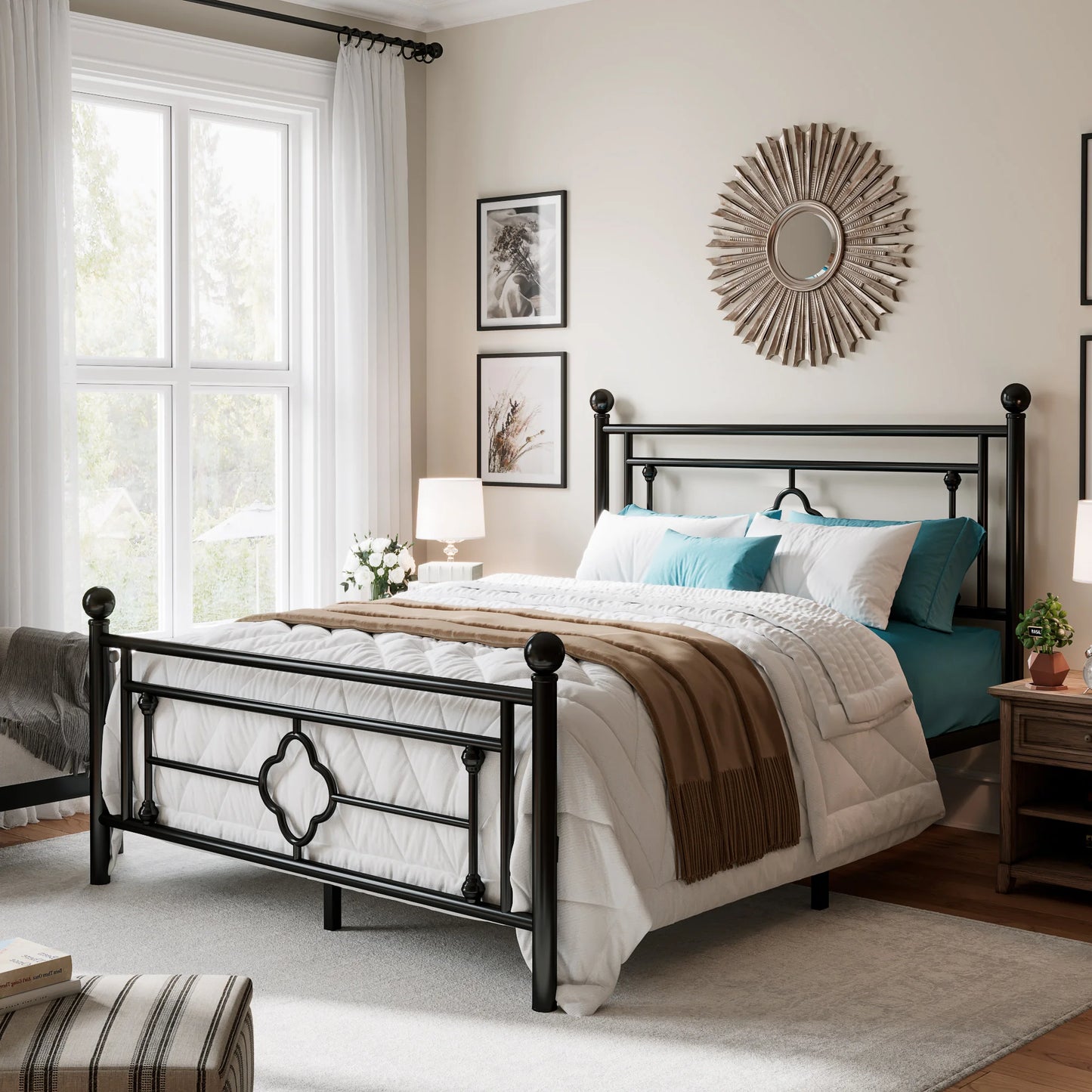 14 Inch Metal Platform Bed Frame, Vintage Victorian Style, Wrought Iron Headboard and Footboard
