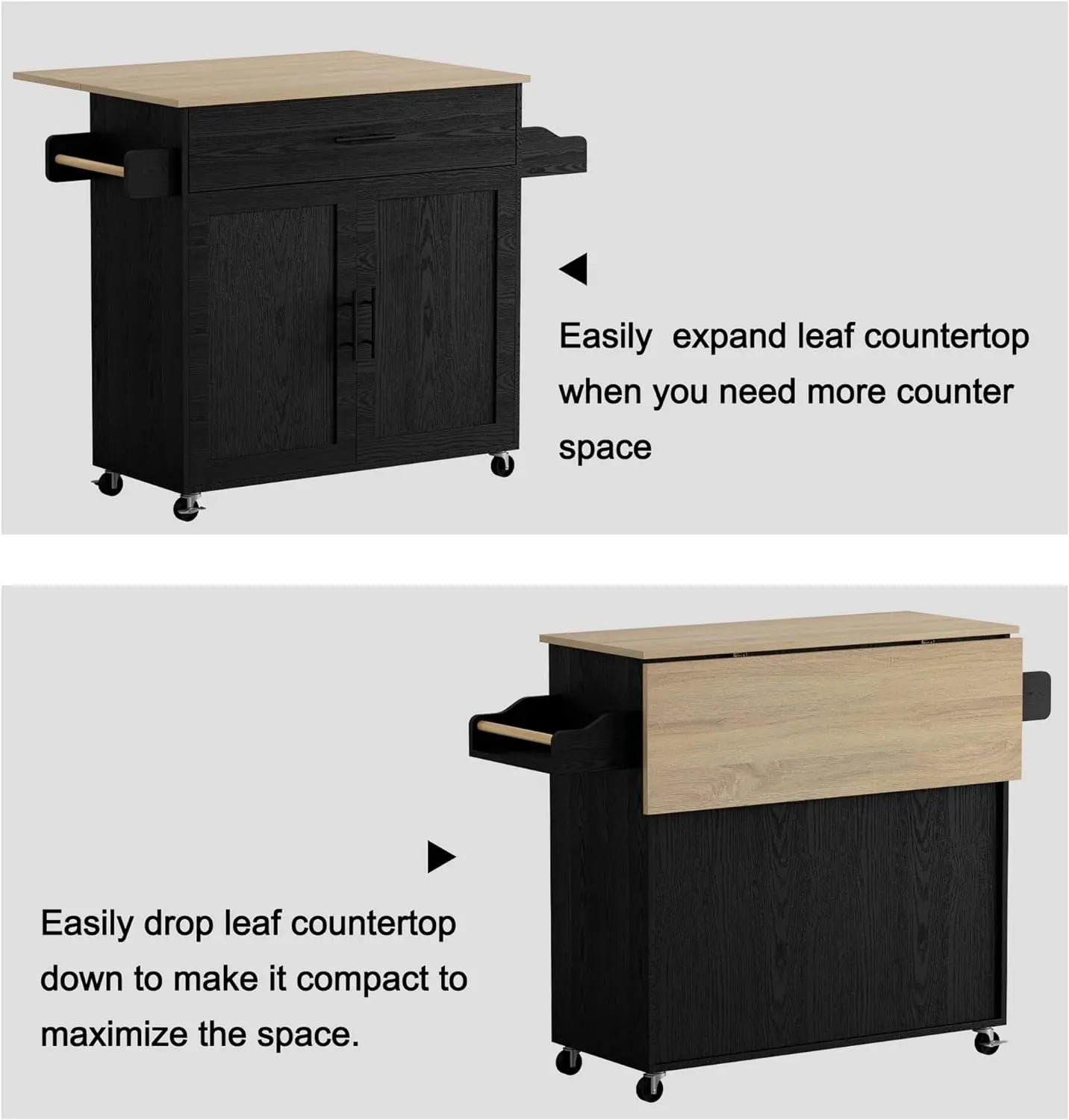 Rolling Kitchen Island Table on Wheels with Drop Leaf, Storage Cabinet, Drawer, Spice Rack ,Towel Rack, Kitchen Cart, White