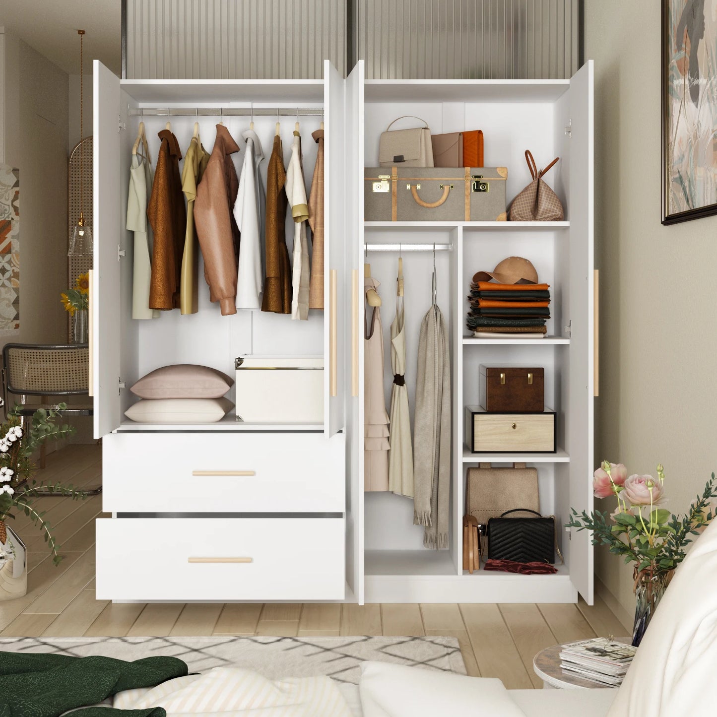 Modern Wardrobe Armoire Closet with 2 Drawers, 6 Storage Cubes & 2 Hanging Rods