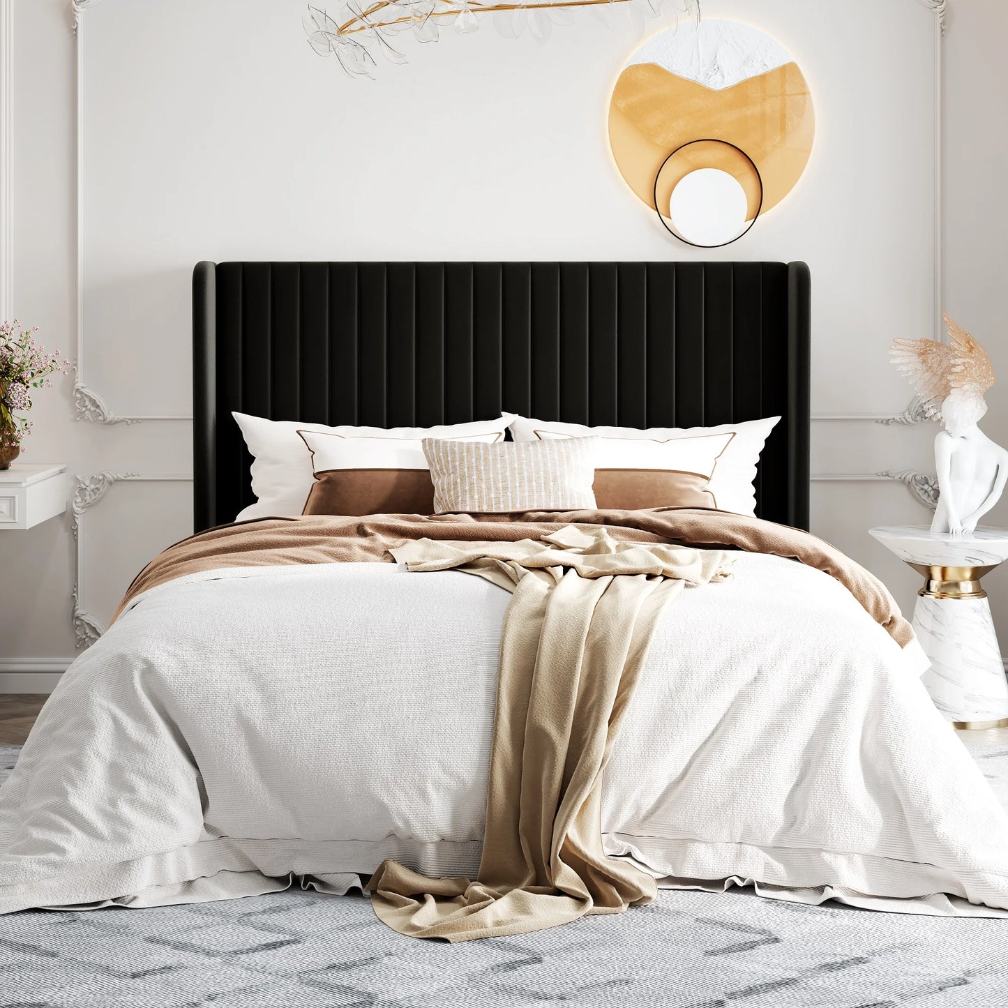Velvet Upholstered Bed Frame, Vertical Channel Tufted Wingback Headboard, Wooden Slats
