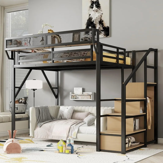 Full Size Loft Bed with Stairs and Storage, Metal Loft Bed Frame with Bedside Shelf and Large Under-Bed Space