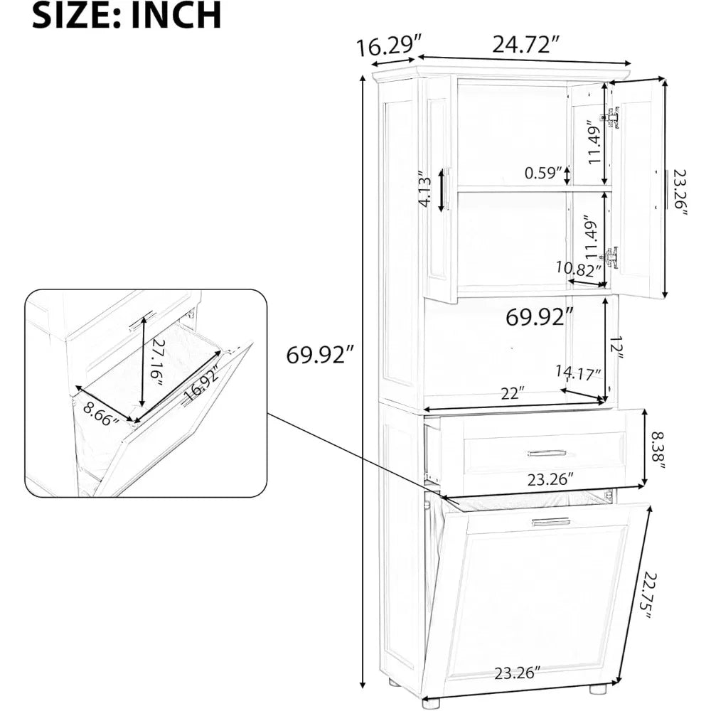 Laundry Cabinet with Tilt Out Laundry Hamper and Drawer, Wood Tall Bathroom Storage Cabinet with Doors and Adjustable Shelves