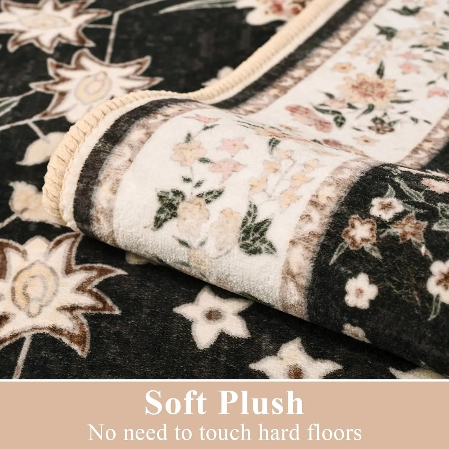 Washable Area Rugs for Living Room Bedroom Vintage Floral Print  Rug Soft Low Pile Non Slip