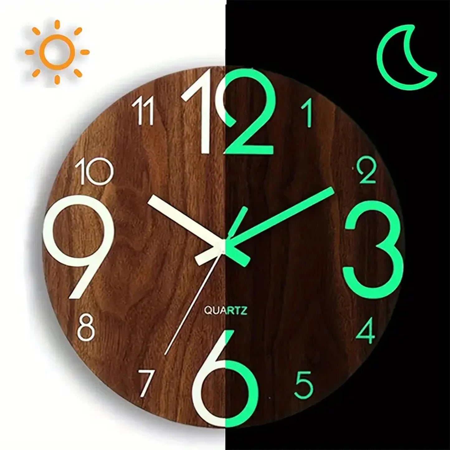 12 Inch Wooden Simple Luminous Wall Clock Silent Non Ticking Analog