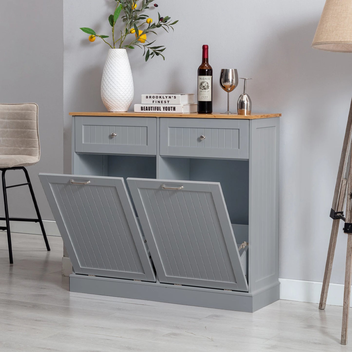 Double Tilt Out Trash Cabinet 20 Gallon, Freestanding Wooden Kitchen Trash Recycling Cabinet with Drawer & Removable Cutting Boa