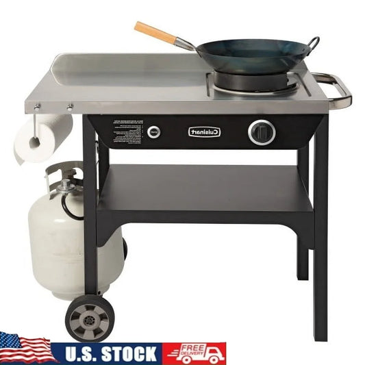 Outdoor Wok Station with 50,000 BTU Propane Burner 14 Inch Carbon Steel Pan Stainless Steel Prep Table Mobile Cooking Setup