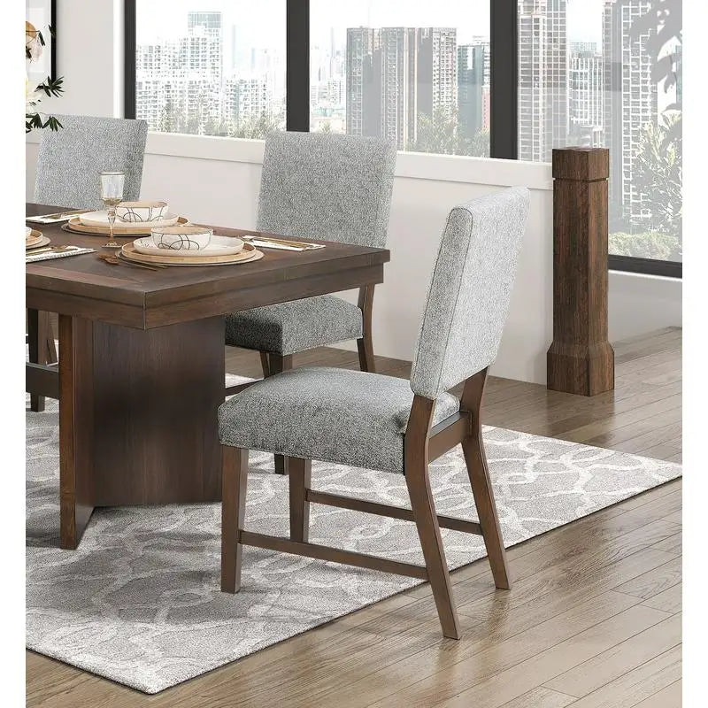 Modern Walnut Finish Dining Set 7pc with Self-Storing Extension Leaf and 6 Upholstered Chairs for Elegant Dining Experience