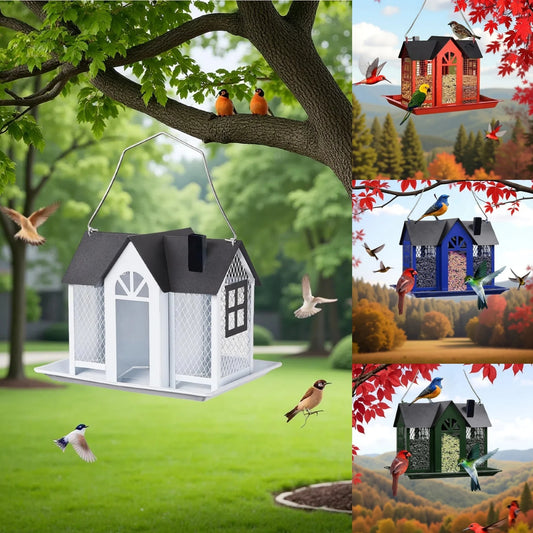 1 Outdoor Hanging Wild Bird Feeder, Large Capacity, Large Birdhouse with Metal Mesh Cover and Seed Tray, Suitable for Titles, Red Birds, Titles, Hummingbirds, Squirrel Protection and Weather-Resistant Metal Outdoor Garden Cou