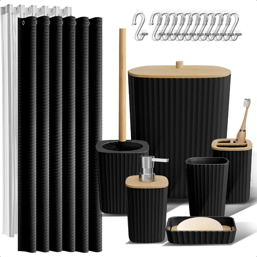 20PC Bathroom Accessory Set Black Shower Curtain Set Toilet Brush Trash Can Soap Dispenser