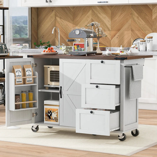 54.5" Farmhouse Kitchen Island with Power Outlet, Kitchen Storage Island  with Internal Storage Rack, Drop Leaf, Spice Rack