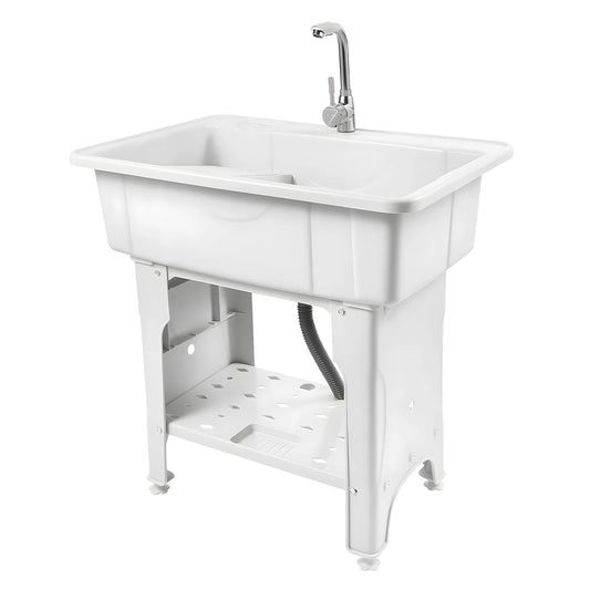 Freestanding Plastic Laundry Sink with Washboard Indoor Outdoor Utility Sink with Cold and Hot Water Faucet Hoses and Drain Kit