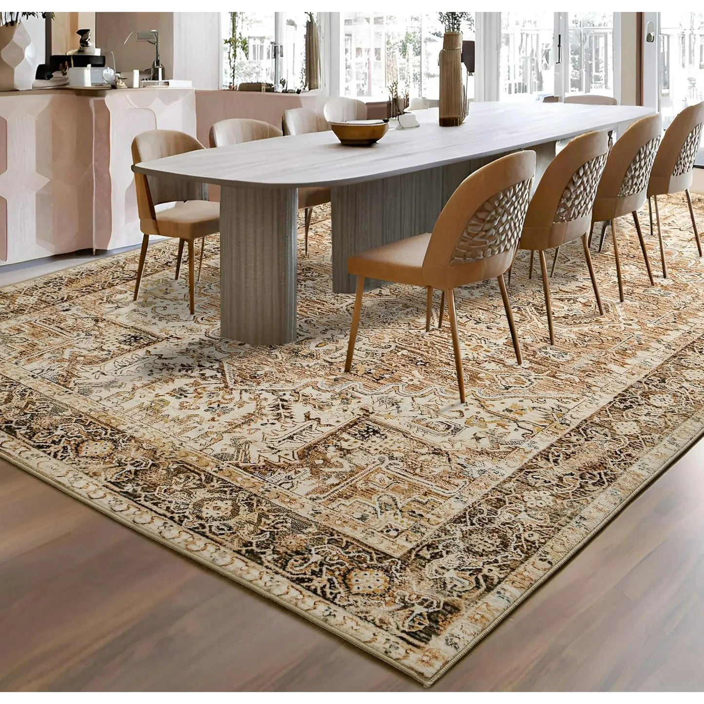 Faux Cashmere Vintage Printed Rug Area Rugs, Low Pile Rugs for Living Room Bedroom