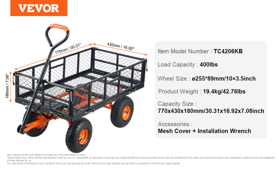 Garden Cart Sturdy Metal Utility Wagon with Simple Assembly Versatile Dump Cart Wheelbarrow with 400/880lbs Capacity