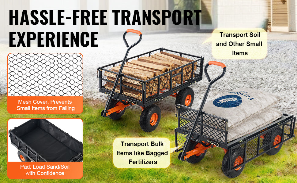 Garden Cart Sturdy Metal Utility Wagon with Simple Assembly Versatile Dump Cart Wheelbarrow with 400/880lbs Capacity