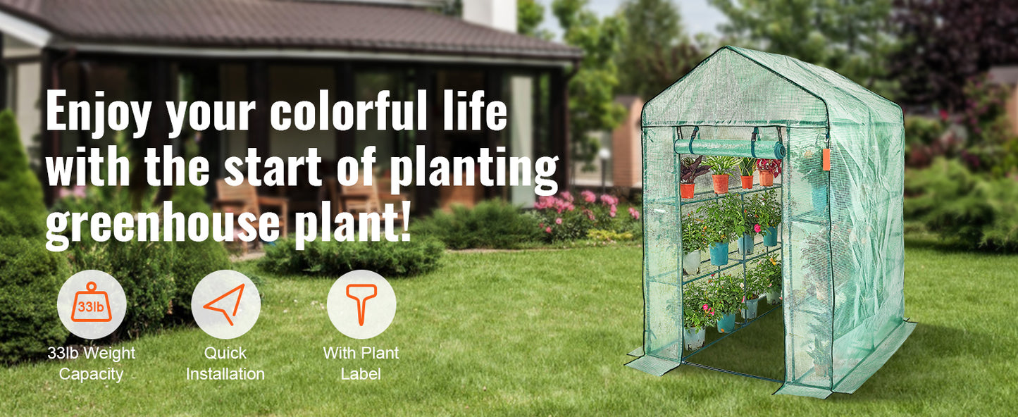 Walk-in Green House Greenhouse with Shelves High Strength PE Cover with Doors & Windows and Steel Frame for Planting