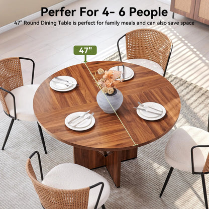 Round Dining Table for 4, 47 Inches Farmhouse Dinner Table with Wooden Pedestal Base, Modern