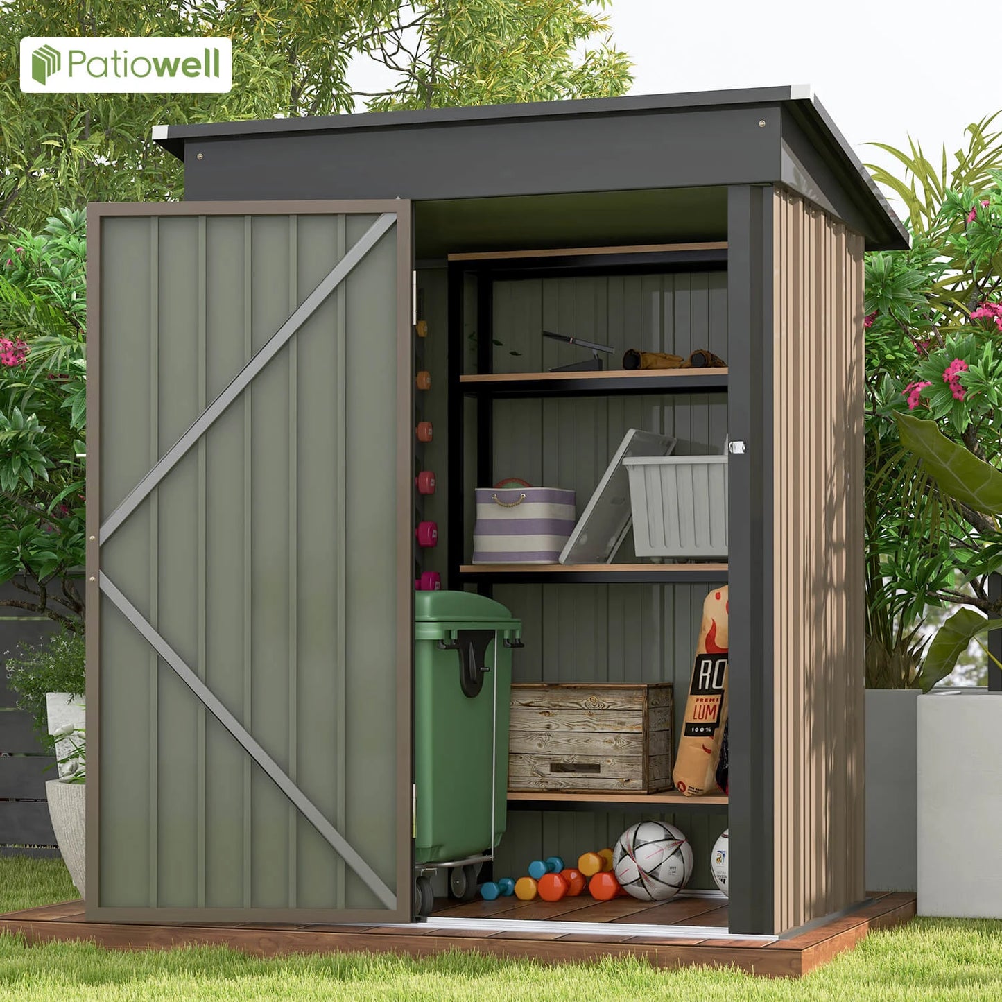 5x3 FT Outdoor Storage Shed, Tool Shed with Sloping Roof and Lockable Door, Metal Shed for Backyard Garden Patio Lawn
