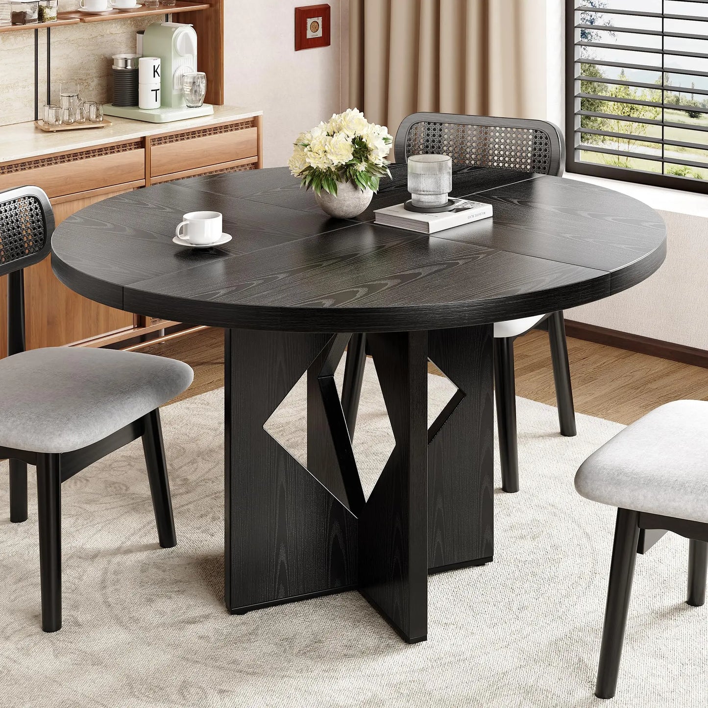 Round Dining Table for 4, 47 Inches Farmhouse Dinner Table with Wooden Pedestal Base, Modern