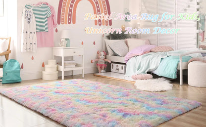Soft Fluffy Rainbow Rugs for Girls Bedroom