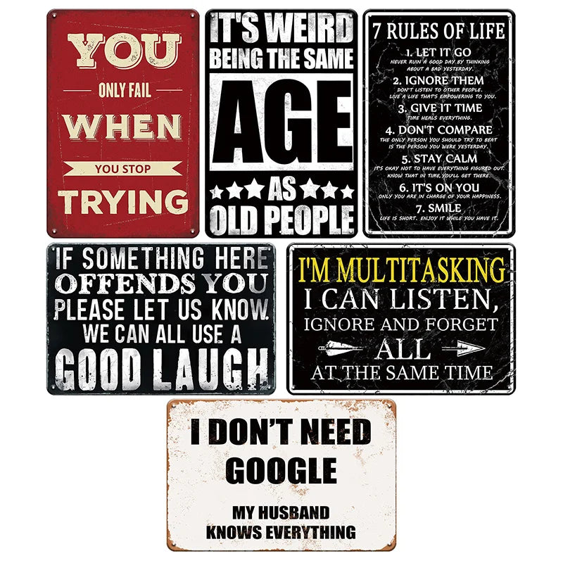 6pcs Funny Quotes Metal Tin Signs - Retro Humorous Wall Art for Office, Garage, Bar, Club, Bedroom, Kitchen, 8x12in