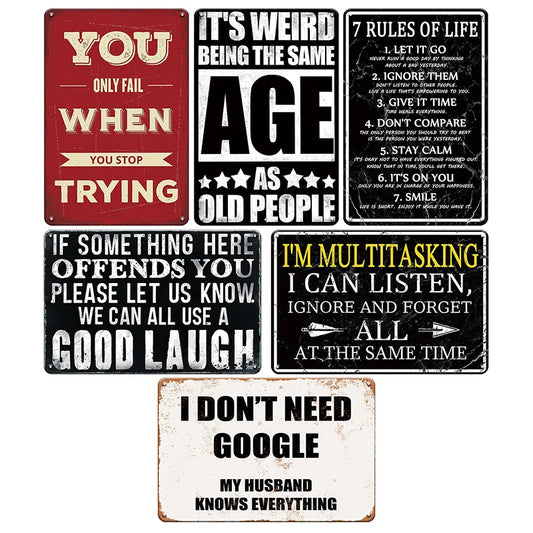 6pcs Funny Quotes Metal Tin Signs - Retro Humorous Wall Art for Office, Garage, Bar, Club, Bedroom, Kitchen, 8x12in