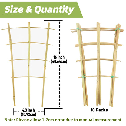 10 Pack Bamboo Trellis For Climbing Plants, 16 Inch Natural Garden Fan-shaped Plant Support Bracket, Suitable For Potted Plant
