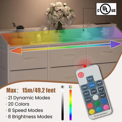 Dresser for Bedroom, 9 Drawers with LED Lights & Charging Station-White