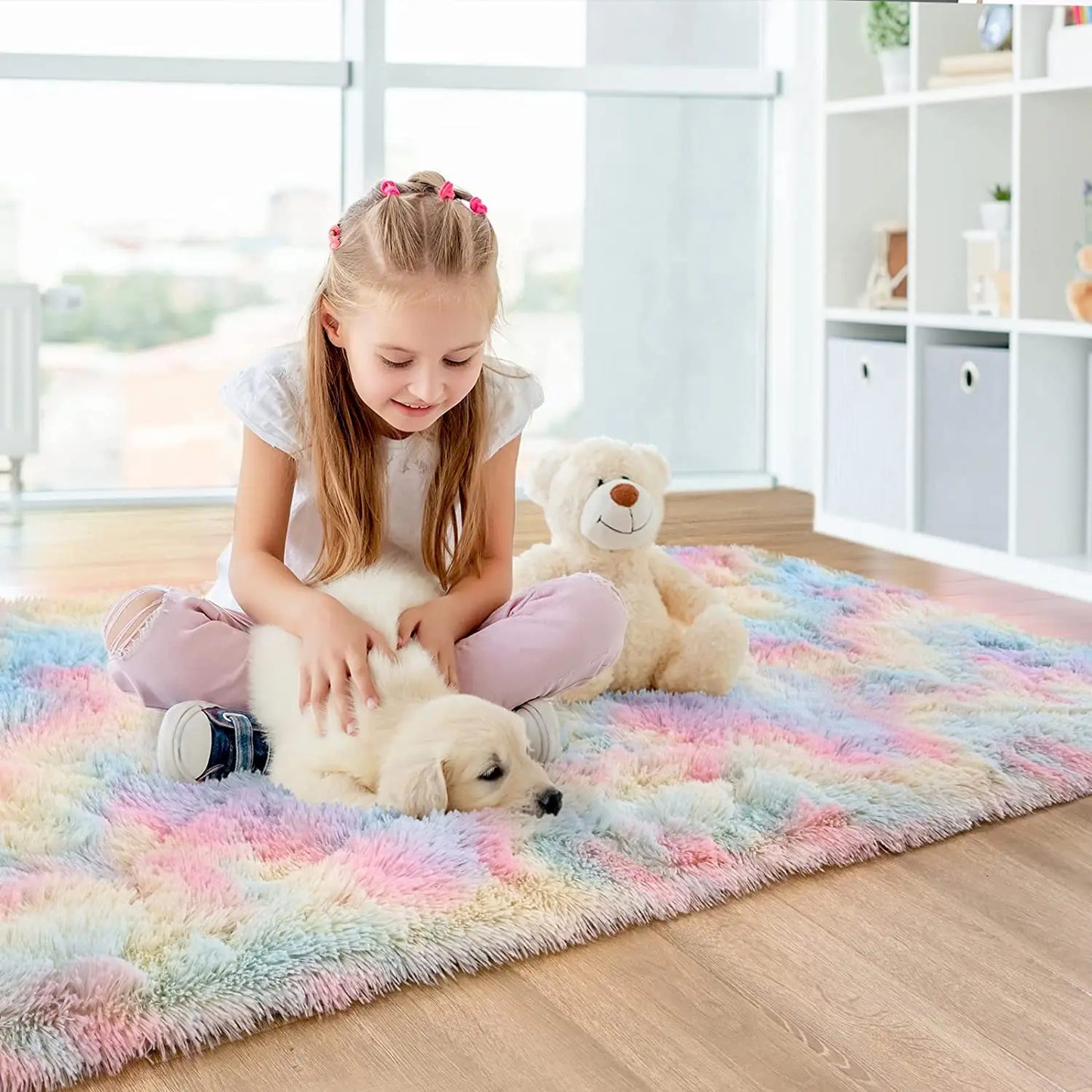 Soft Fluffy Rainbow Rugs for Girls Bedroom