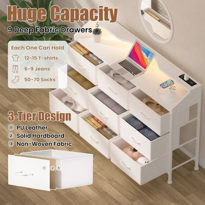 Dresser for Bedroom, 9 Drawers with LED Lights & Charging Station-White