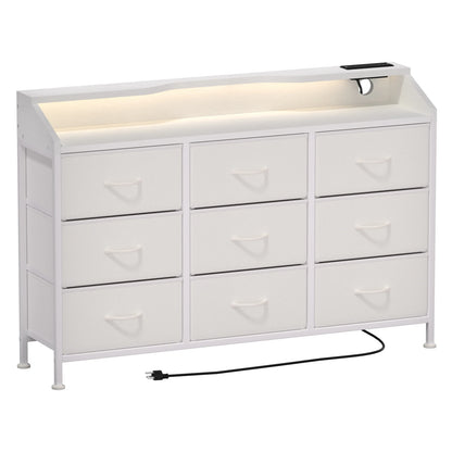 Dresser for Bedroom, 9 Drawers with LED Lights & Charging Station-White